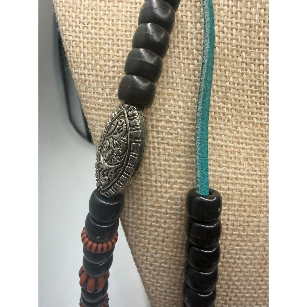 Boho Beaded Multi Strand Necklace Turquoise Suede Cord Silver Tone Accents 32in